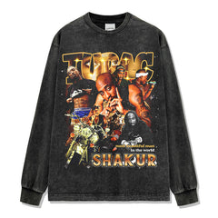 Tide tupac printed short-sleeved t-shirt washed old long-sleeved loose casual heavy hooded sweater men