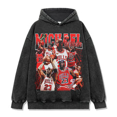 Retro printed short-sleeved t-shirt washed and old long-sleeved round neck loose casual hooded sweater men's trend