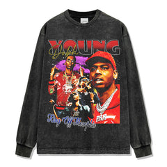 Hip Hop Young Thug Print Washed Crew Neck Long Sleeve Loose Hooded Sweater Men's Couple Shirt Tide