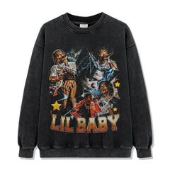 Hip Hop Babe Lil Baby Printed Short Sleeve T-Shirt Washed Long Sleeve Crew Neck Loose Hooded Sweater
