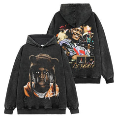 Hip Hop Lil Yachty Printed Washed Short Sleeve T-Shirt Casual Crew Neck Loose Hooded Sweater Men