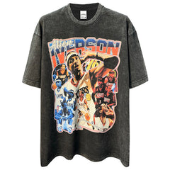 Vintage Iverson Printed Short Sleeve T-Shirt Washed Loose Heavy Loose Cotton Crew Neck