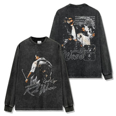 Hip Hop Rod Wave Printed Short Sleeve T-Shirt Washed Long Sleeve Loose Hooded Sweater
