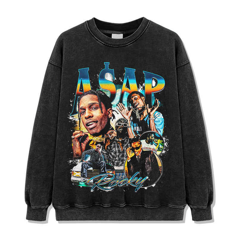 Hip Hop A $AP Rocky Printed Short Sleeve T-Shirt Washed Long Sleeve Loose Blockbuster Hooded Sweater Men