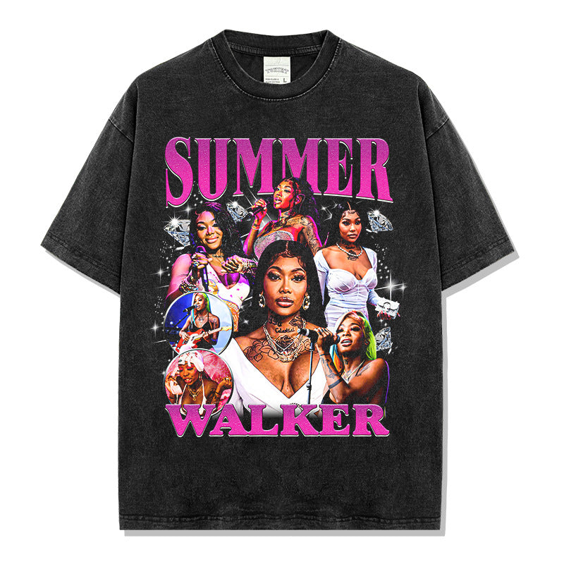 Summer Walker Printed Short Sleeve T-Shirt Washed Long Sleeve Loose Casual Hooded Sweater