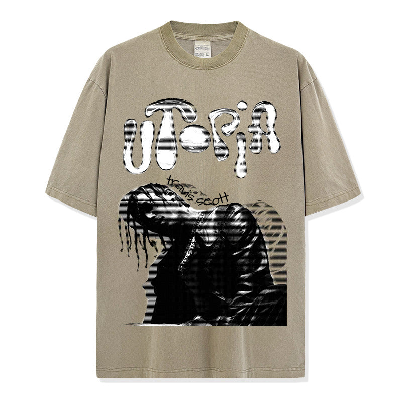 Vintage TS Hip Hop Travis Scott Printed Short Sleeve T-Shirt Washed Vintage Heavy Loose Crew Neck