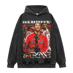 Vintage Derrick Print Short Sleeve T-Shirt Washed Distressed Long Sleeve Crew Neck Loose Hooded Sweatshirt