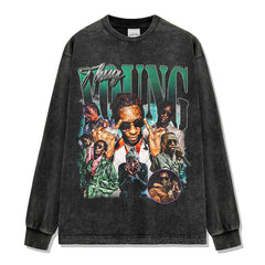 Vintage Hip Hop Young Thug Printed Short Sleeve T-Shirt Washed Long Sleeve Loose Hooded Sweater Men