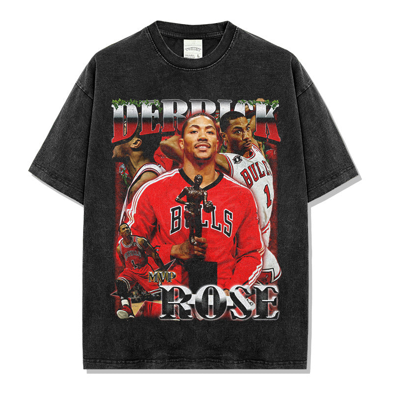 Vintage Derrick Print Short Sleeve T-Shirt Washed Distressed Long Sleeve Crew Neck Loose Hooded Sweatshirt