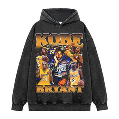 Retro trendy kobe printed short-sleeved t-shirt washed and old long-sleeved loose hooded sweater for men