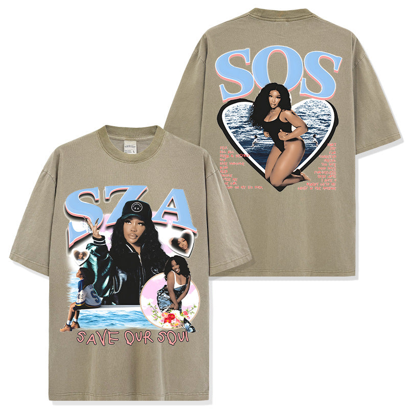 Sisha SZA printed short sleeve T-shirt heavy cotton long sleeve round neck washed hooded sweatshirt men