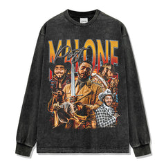Ma Long Post Malone Printed Short Sleeve T-Shirt Washed Long Sleeve Loose Heavy Hooded Sweater Men
