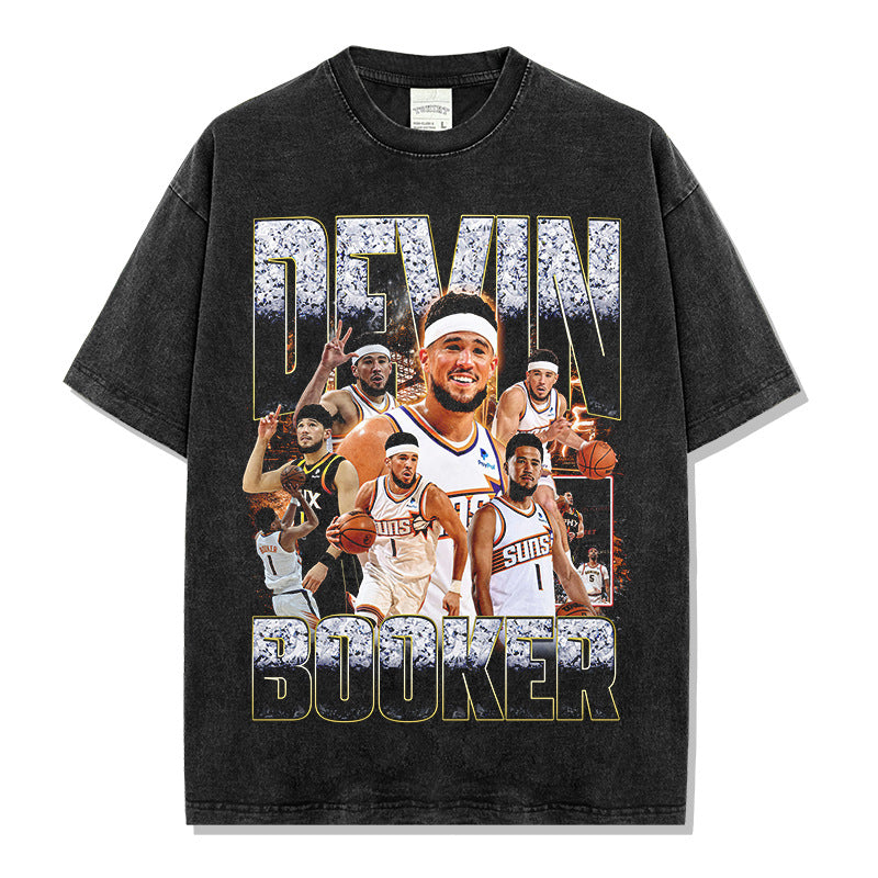 Vintage Booker Printed Short Sleeve T-Shirt Washed Casual Long Sleeve Crew Neck Hooded Sweater Men