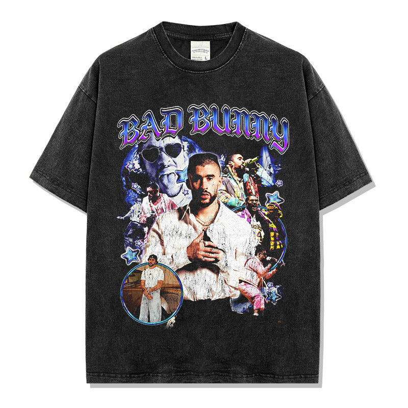 Vintage Bad Bunny Printed Short Sleeve T-Shirt Washed Heavy Cotton Small Neckline Top