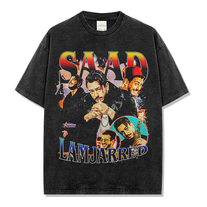 Saad Lamjarred Printed Short Sleeve T-Shirt Washed Old Long Sleeve Loose Hooded Sweater Men