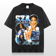 Vintage hip-hop Shisha SZA printed t-shirt washed loose round neck heavy cotton small neckline trendy t