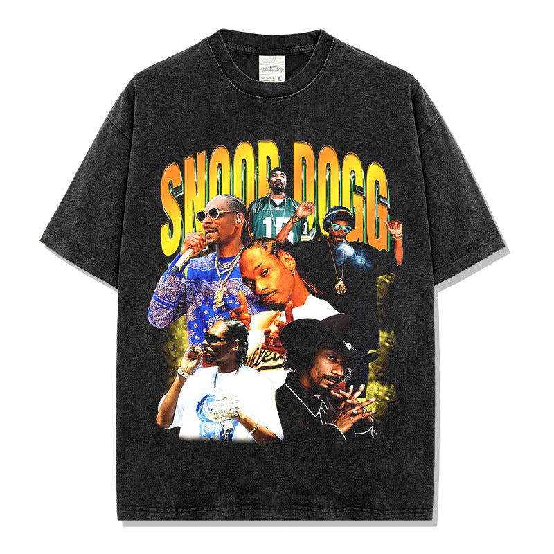 Snoop Dogg Printed Washed Short Sleeve T-Shirt Crew Neck Long Sleeve Hooded Sweater