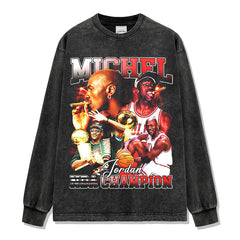 Retro trendy printed short-sleeved t-shirt old washed long-sleeved crew neck loose 420g hooded sweater men