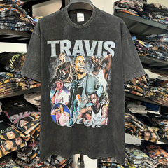 Vintage hip hop travis scott print short sleeve washed round neck heavy cotton small neckline t