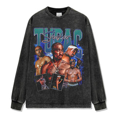 Vintage Hip Hop TUPAC Printed Short Sleeve T-Shirt Washed Old Long Sleeve Loose Hooded Sweater