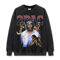 Hip hop tupac print short sleeve t-shirt washed distressed long sleeve loose casual heavy hooded sweatshirt